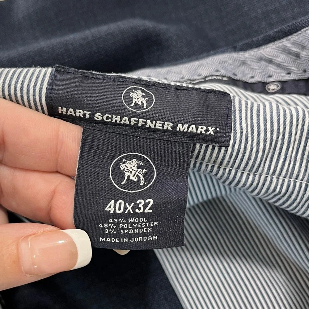 Hart Schaffner Marx Dress Pants Mens 40x30 Blue Wool Blend Flat Front Business